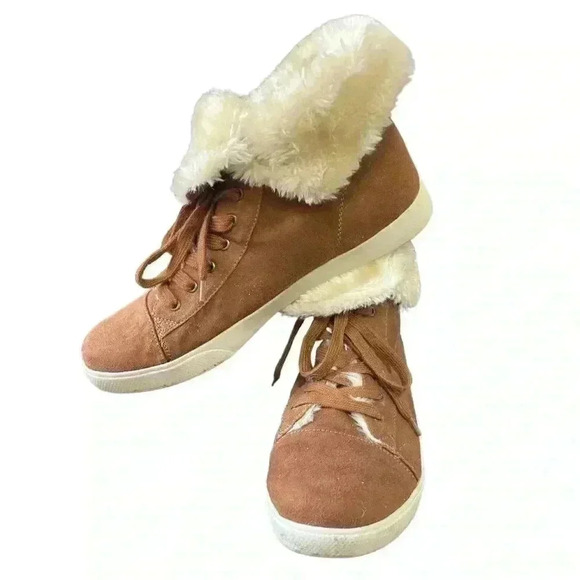 Suede and Fur Look Boot Sneaker Brown Cream Lace Up Boot Size 11 - Picture 1 of 7